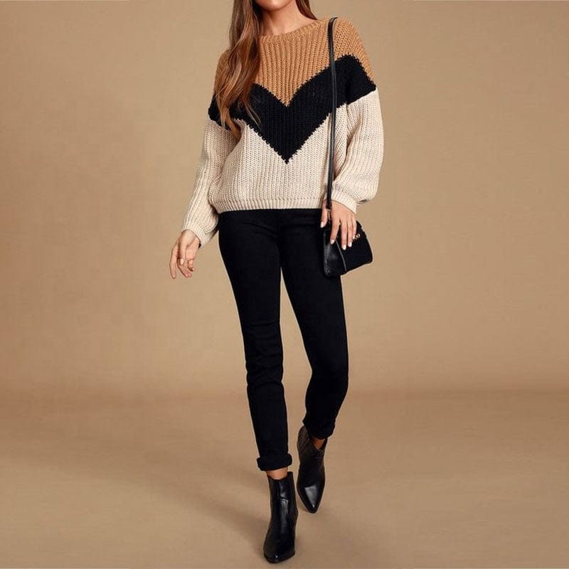 New Sweater Striped Irregular Crew Neck V Pullover Fashion Bottoming Knitted Women