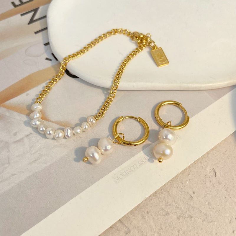 New titanium steel gold-plated Figaro chain pearl pendant necklace earrings chain splicing bracelet stainless steel jewelry set