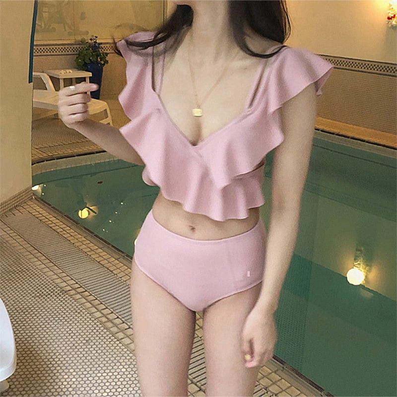 New Trend Korea Women Ruffled V-neck Pink Swimsuit High Waist Thong Bikini Set Triangle Split Girls Fitness Swimwear