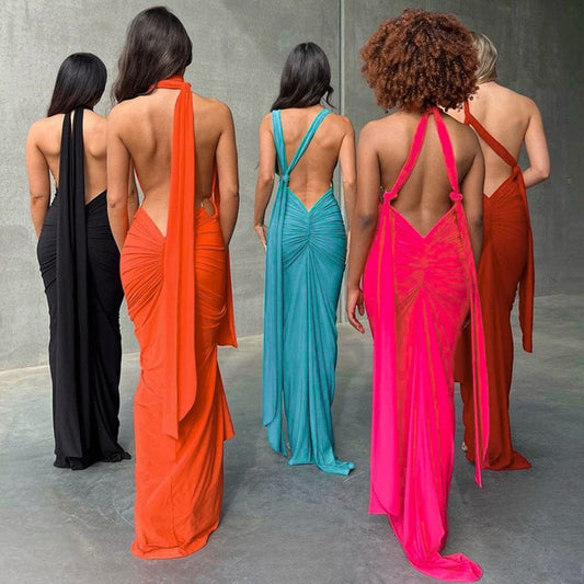 New Trending Ruched backless Sexy Halter Dresses Sleeveless Bodycon Maxi Long Dress Summer Elegant Dress