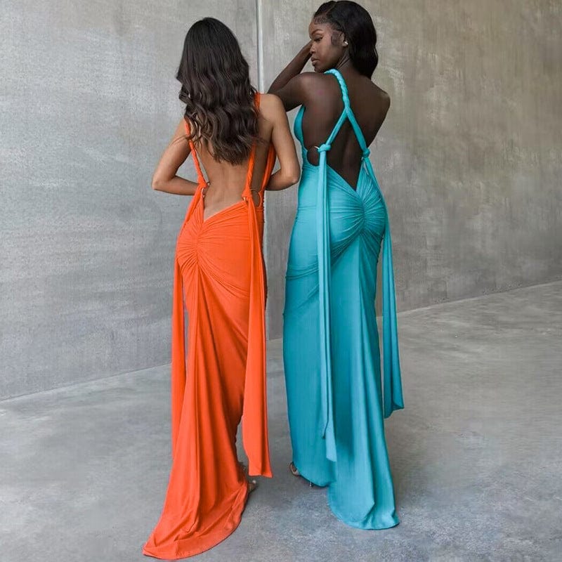 New Trending Ruched backless Sexy Halter Dresses Sleeveless Bodycon Maxi Long Dress Summer Elegant Dress