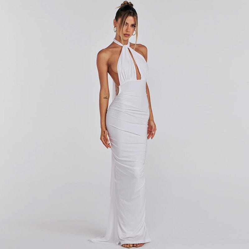 New Trending Ruched backless Sexy Halter Dresses Sleeveless Bodycon Maxi Long Dress Summer Elegant Dress