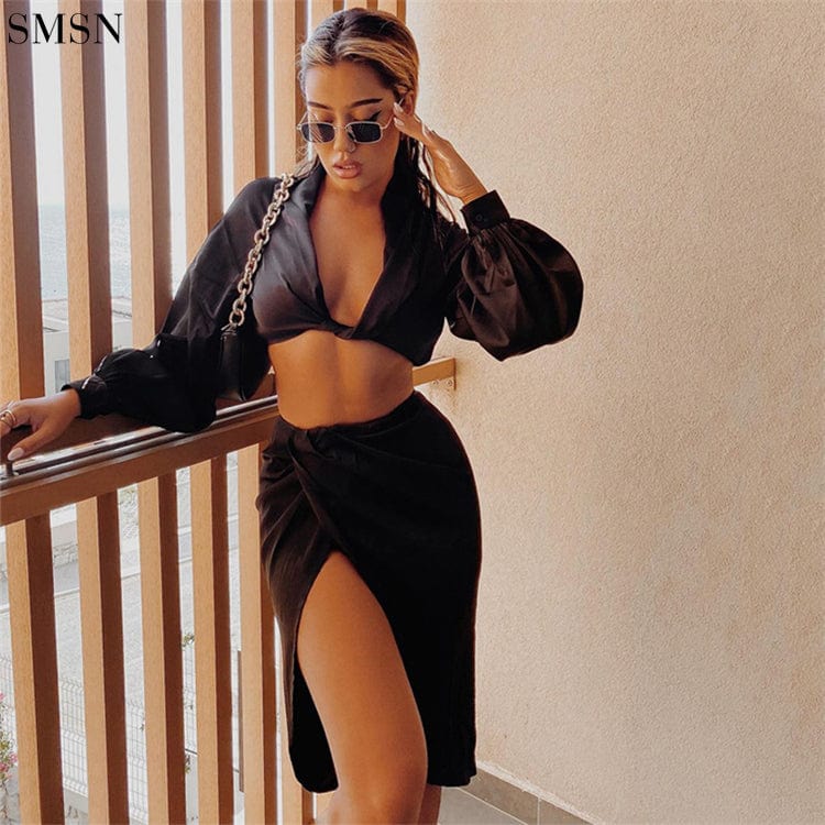 New Trendy Loose Deep V Long Sleeve Top Slit Ruffle Skirt Suit Two Piece Dress Set