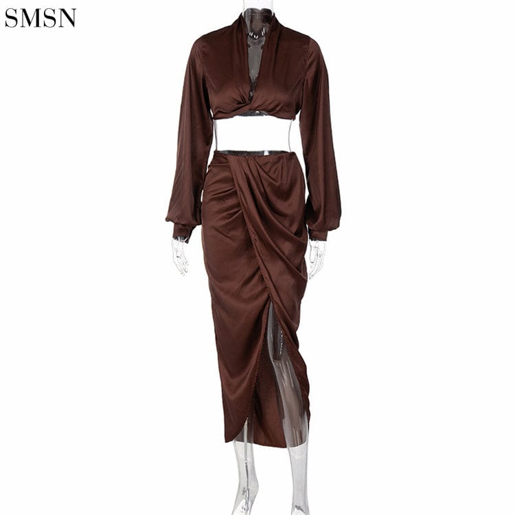 New Trendy Loose Deep V Long Sleeve Top Slit Ruffle Skirt Suit Two Piece Dress Set