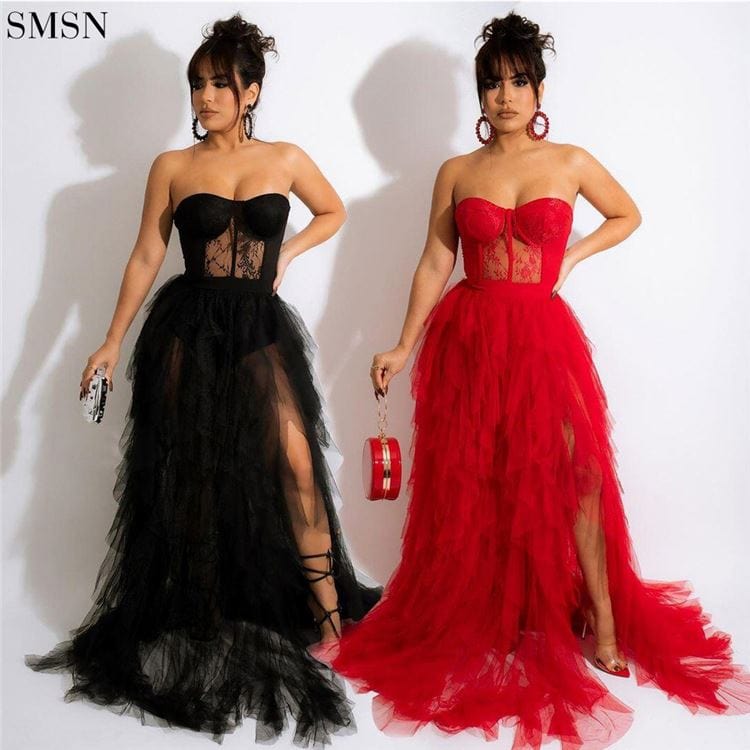 New Trendy See-Through Gauze Lace Breast - Wrapped Dress Womenevening Party Long Dresses