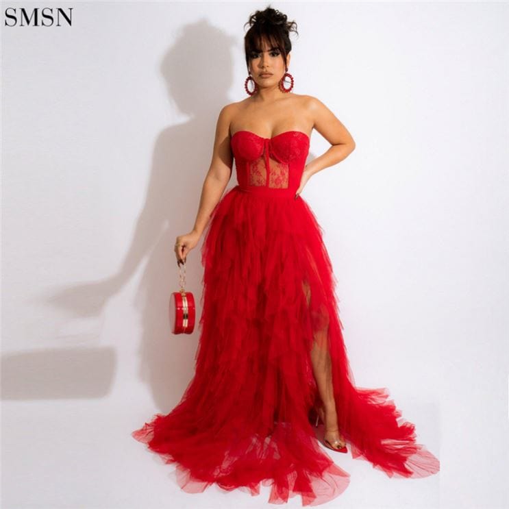 New Trendy See-Through Gauze Lace Breast - Wrapped Dress Womenevening Party Long Dresses