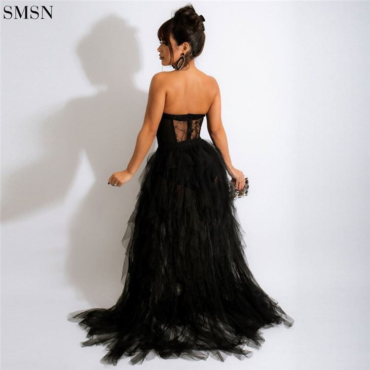 New Trendy See-Through Gauze Lace Breast - Wrapped Dress Womenevening Party Long Dresses