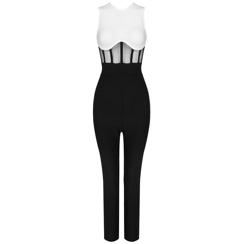 New Trendy Sexy Bodycon Club Party Patchwork Lace Summer Sleeveless Fancy Jumpsuits Knit Spring Women One Piece Jumpsuit