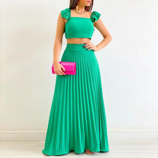 New Trendy Summer Skirt And Top Set For Women Short Tank Top High Waist Maxi Pleated Skirt Set Women 2 Piece Outfits