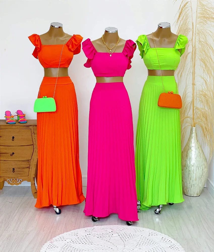 New Trendy Summer Skirt And Top Set For Women Short Tank Top High Waist Maxi Pleated Skirt Set Women 2 Piece Outfits