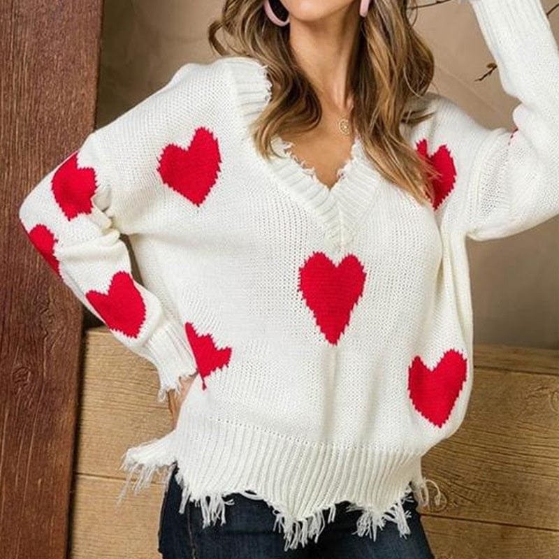 New Valentine's Day Sweater Women's Loose Pullover Heart-Shaped Multi-Part V-Neck