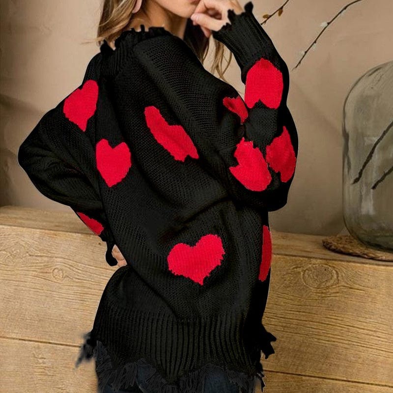 New Valentine's Day Sweater Women's Loose Pullover Heart-Shaped Multi-Part V-Neck