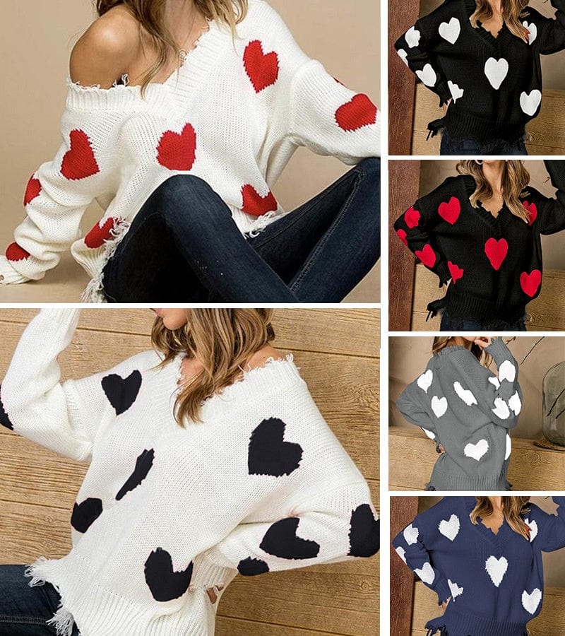 New Valentine's Day Sweater Women's Loose Pullover Heart-Shaped Multi-Part V-Neck