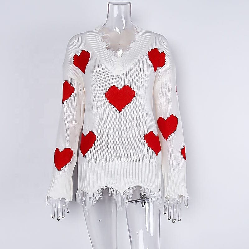 New Valentine's Day Sweater Women's Loose Pullover Heart-Shaped Multi-Part V-Neck