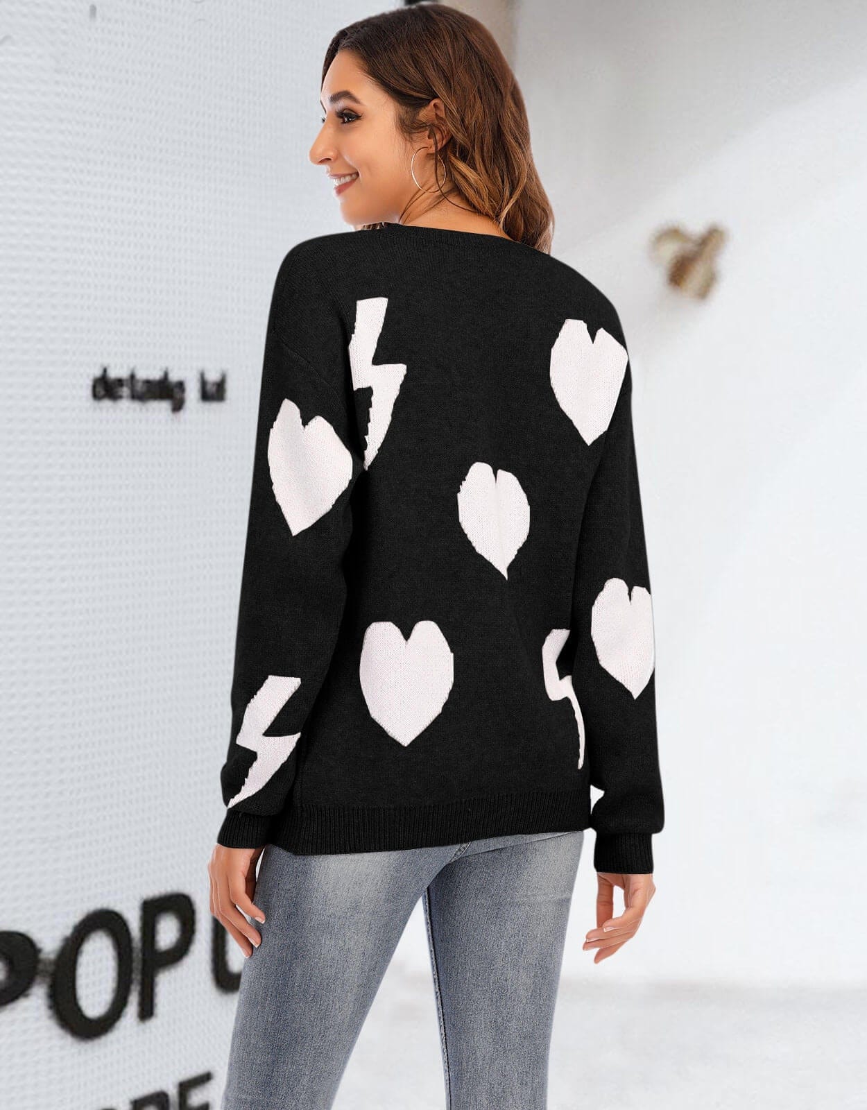 New Valentine's Day Sweater Women's Loose Pullover Long Sleeve Love + Lightning Round Neck