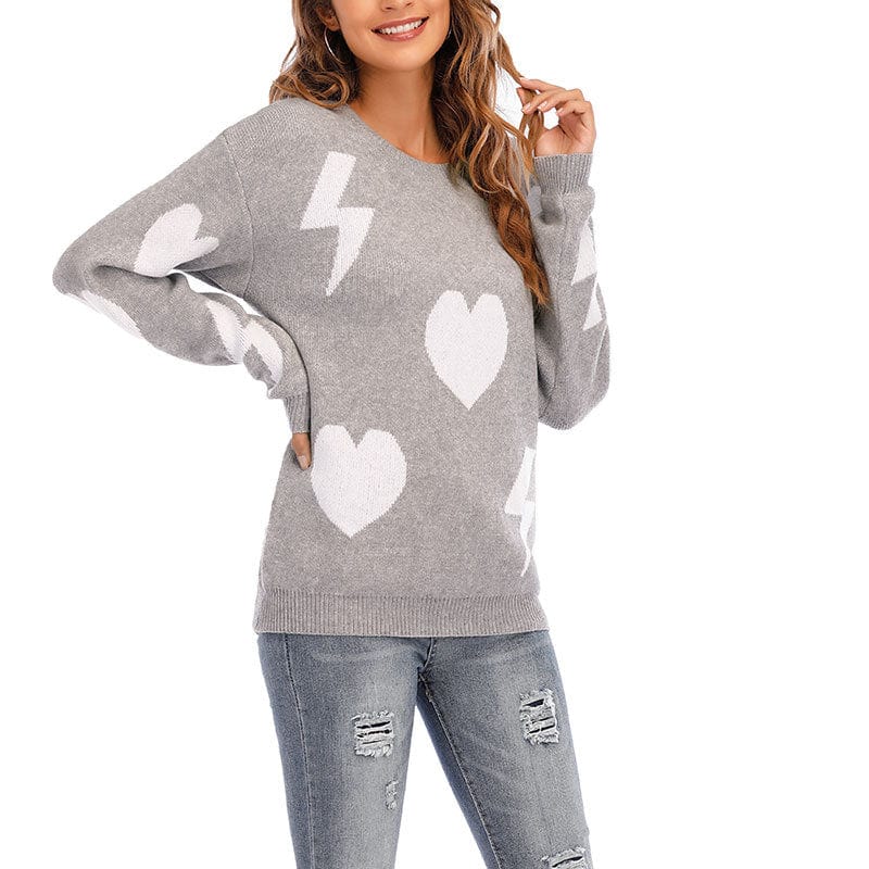 New Valentine's Day Sweater Women's Loose Pullover Long Sleeve Love + Lightning Round Neck