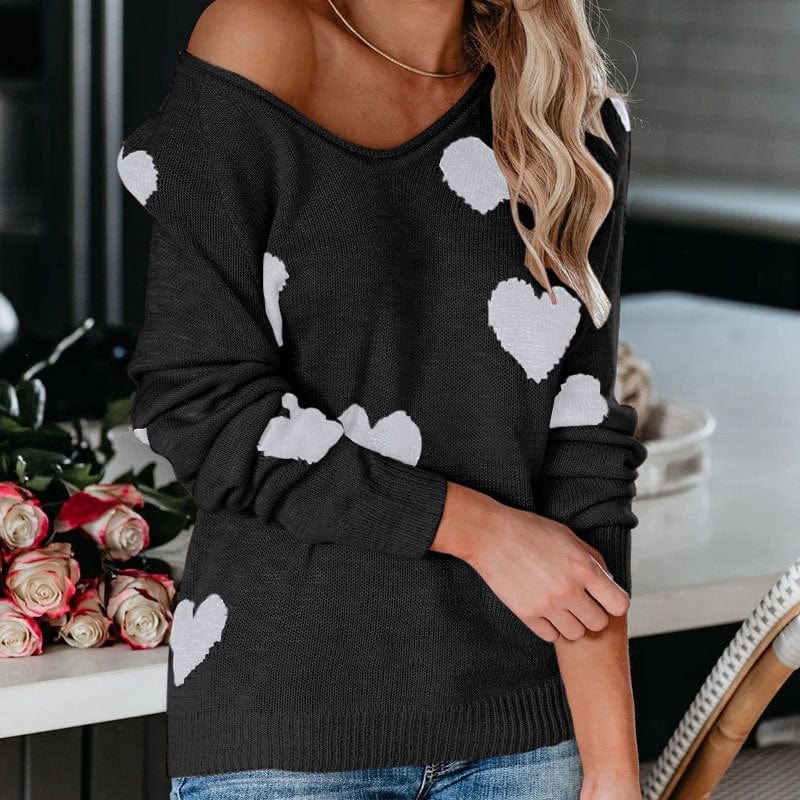 New Valentine's Day Sweater Women's Loose Pullover Plus Size Heart-Shaped Multi-Part V-Neck