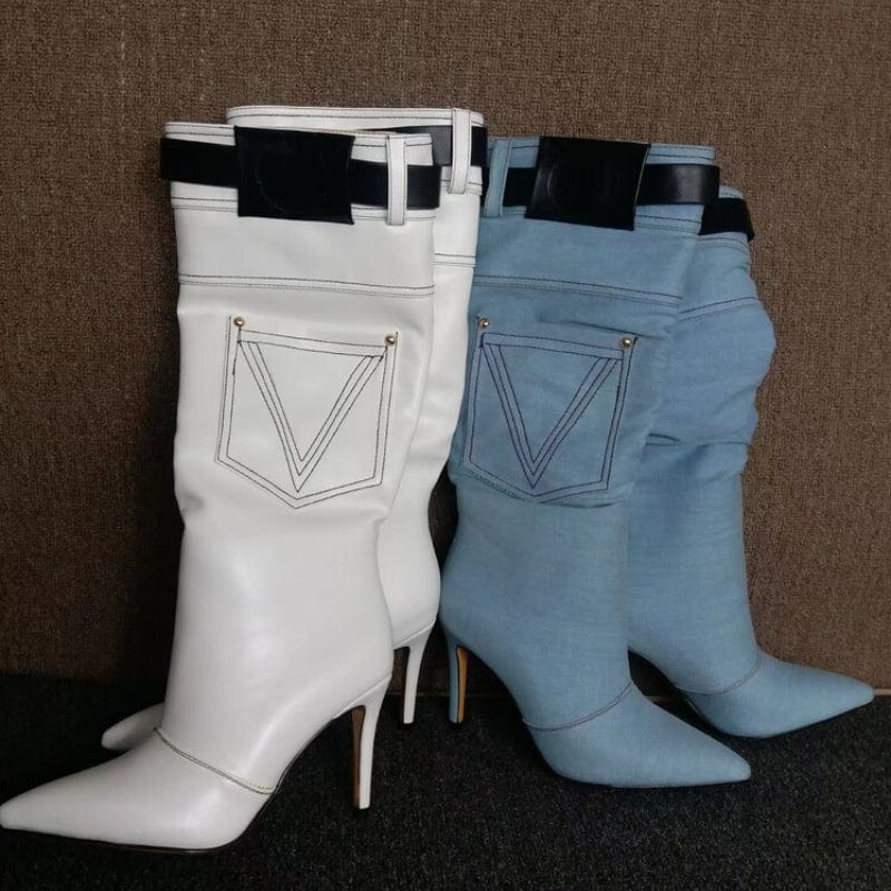 New Western Style Botas Mujer Winter and Fall Sexy Stiletto Heels Blue Cut Jeans Heel Boots for Woman