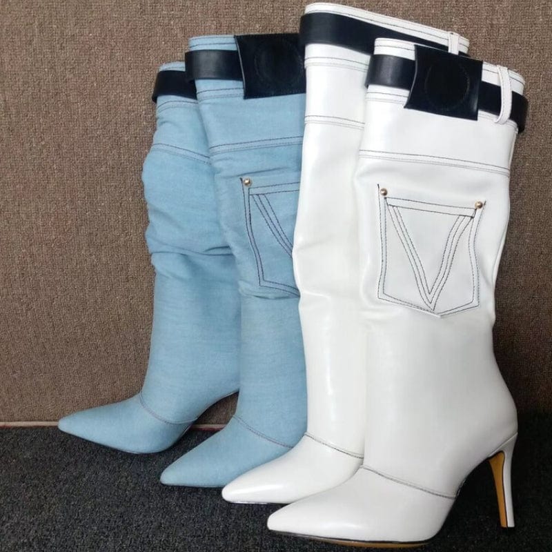 New Western Style Botas Mujer Winter and Fall Sexy Stiletto Heels Blue Cut Jeans Heel Boots for Woman