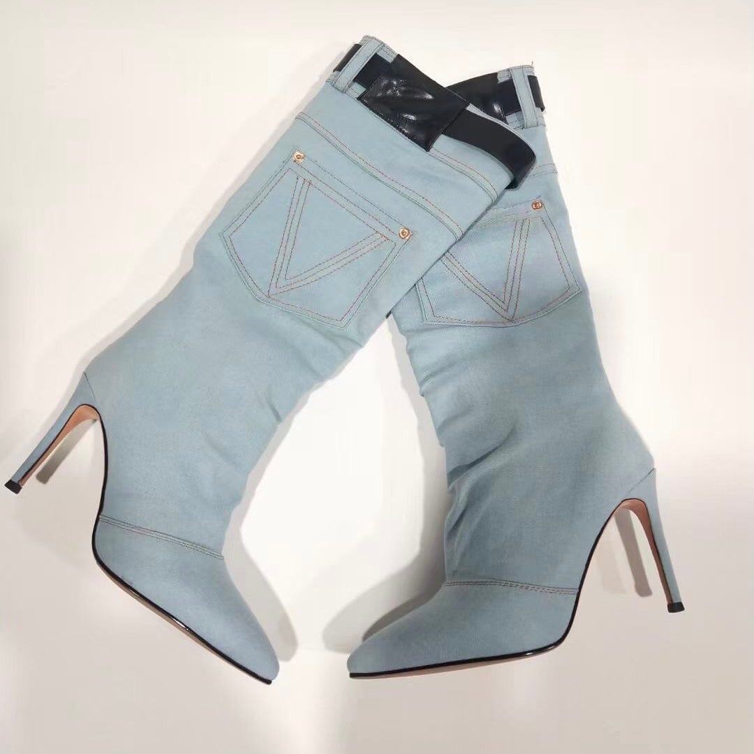 New Western Style Botas Mujer Winter and Fall Sexy Stiletto Heels Blue Cut Jeans Heel Boots for Woman