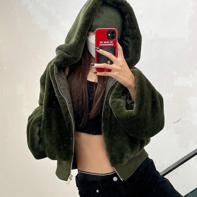 New Winter Fashion Velvet Coats Casual Womens Long Sleeve Zipper  Coats Women Army Green Womens Hooded Coats