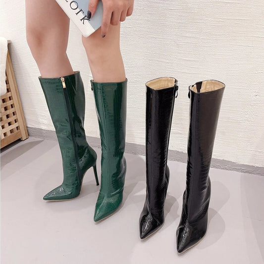 NEW Winter Women Knee High Boots Sexy Women Pointed Toe Ladies Thin High heels Female Shoes Woman Footwear Plus Size 35-42