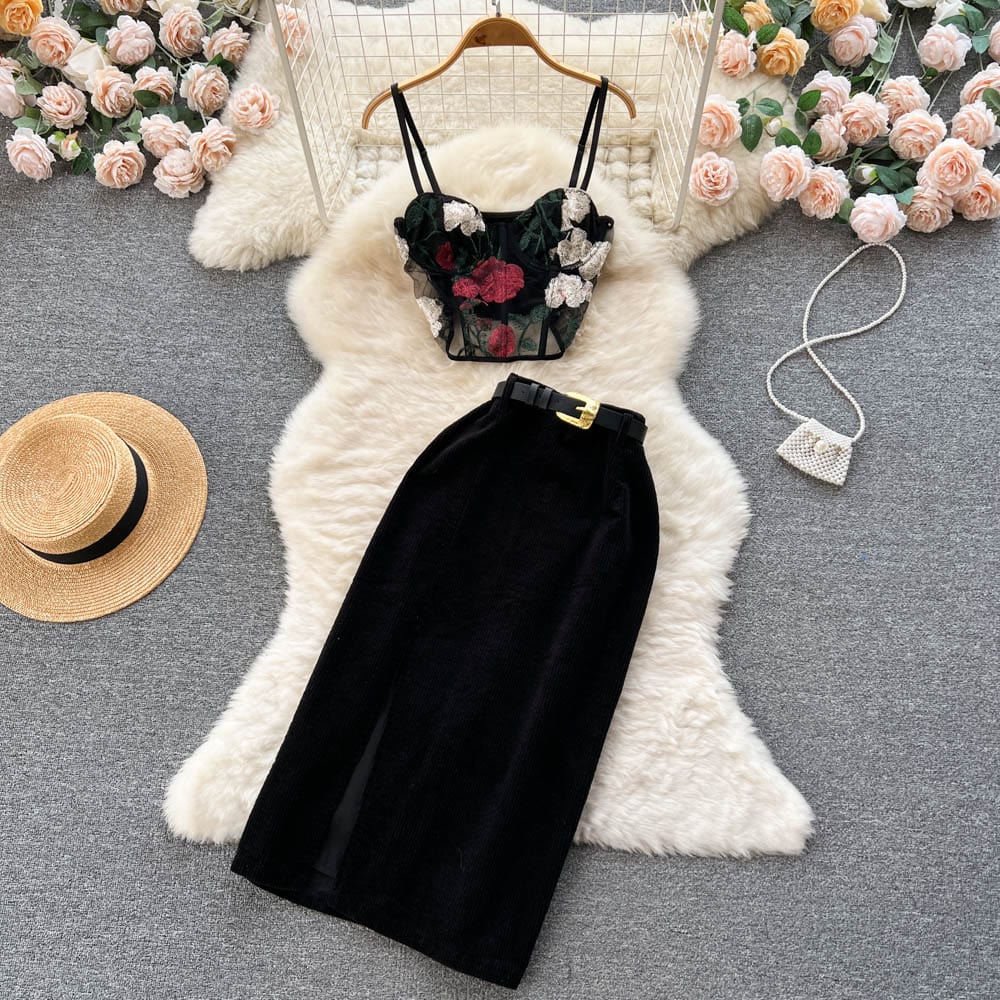 New Women's Camisole Short Top High Waist Wide Leg skirt Two Piece Set