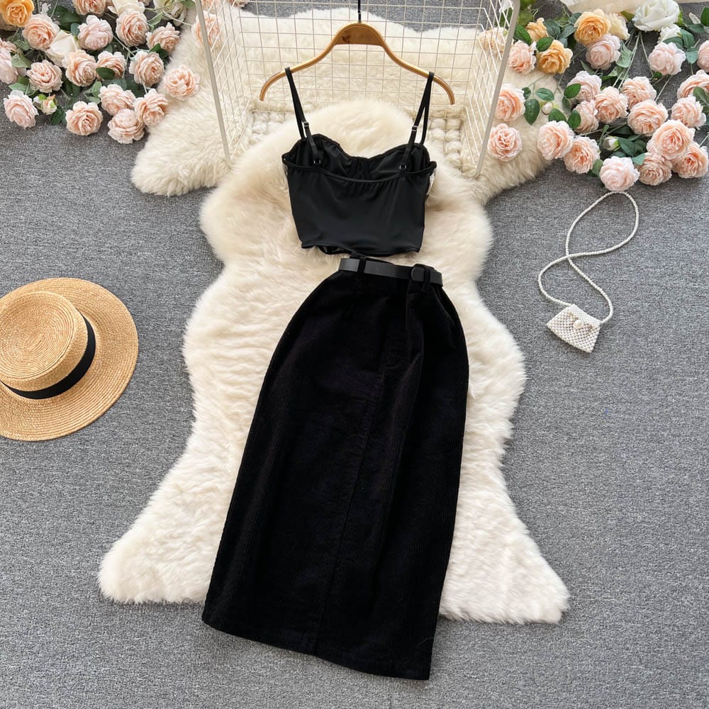 New Women's Camisole Short Top High Waist Wide Leg skirt Two Piece Set