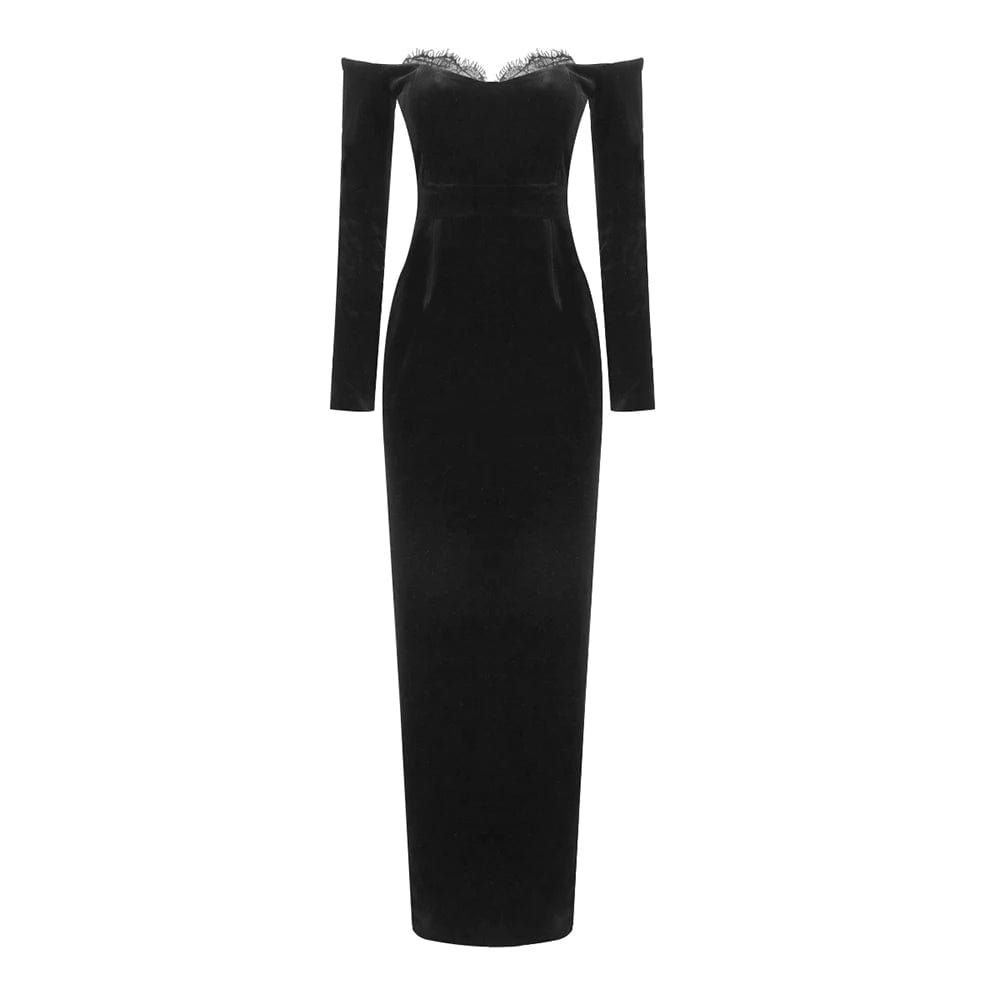 New Women's Clothes Black Elegant Velvet Long Sleeve Off Shoulder Formal Party Dresses For Women