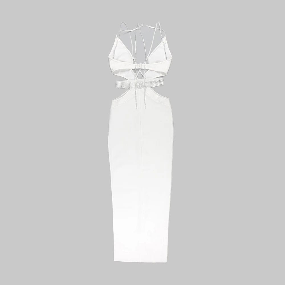 New Women's Clothes White Sexy Hollow Out Sleeveless Halter dress Diamonds Party Bandage Evening Dresses