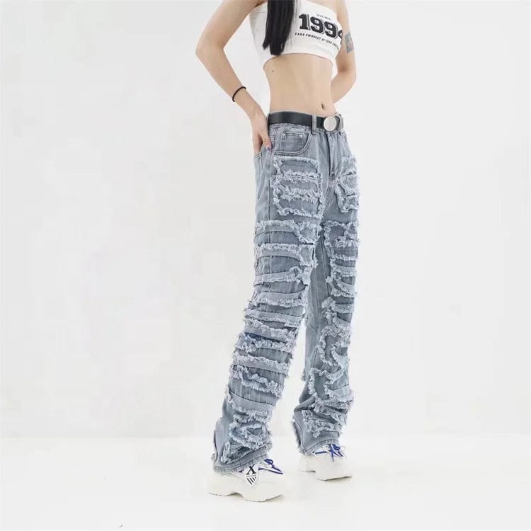 New Women's Jeans With Hole Ripped Patch High Street Denim Pants Casual Slim Blue Jeans Trouser