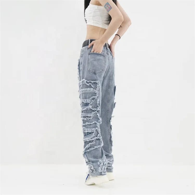 New Women's Jeans With Hole Ripped Patch High Street Denim Pants Casual Slim Blue Jeans Trouser