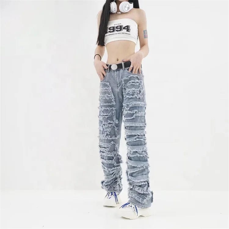 New Women's Jeans With Hole Ripped Patch High Street Denim Pants Casual Slim Blue Jeans Trouser