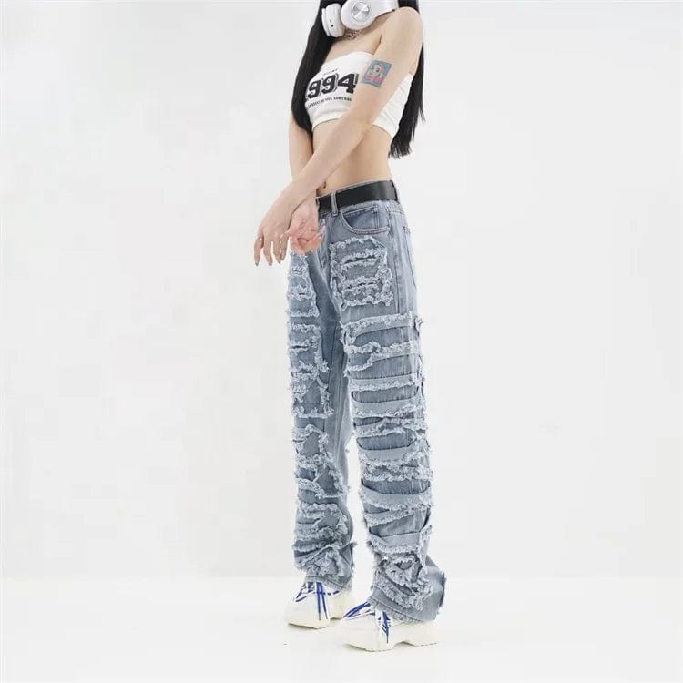 New Women's Jeans With Hole Ripped Patch High Street Denim Pants Casual Slim Blue Jeans Trouser