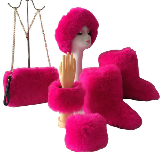 New Year Winter Warm Women's Four Piece Set Fur Bag Purse  Match Wrist Headwear Faux Fur headbands sleeve Mongolian Boots Sets