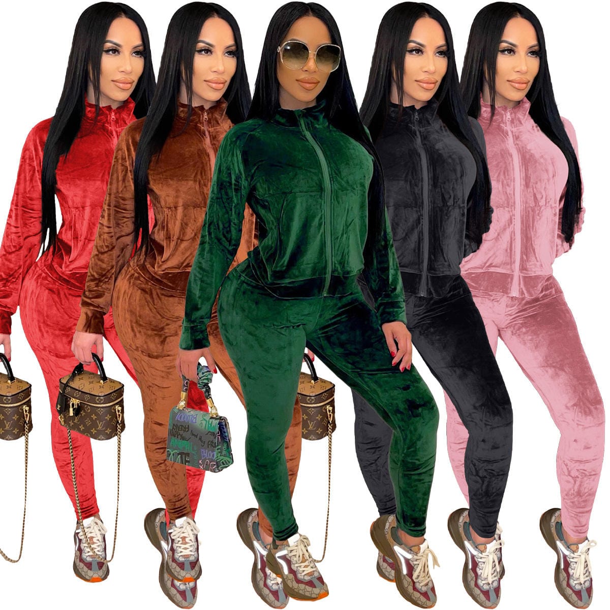 New Years 2023 New Arrivals Velvet Fabric Long Sleeve Zipper Blank Ladies Custom Velour Tracksuit 2 Piece Jogger Set Women