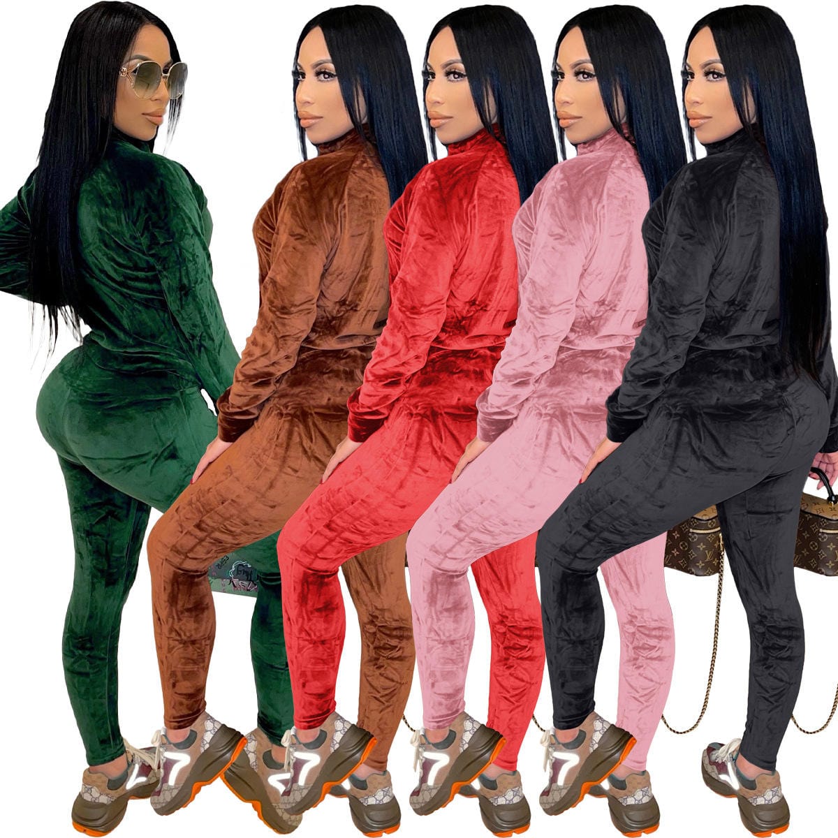 New Years 2023 New Arrivals Velvet Fabric Long Sleeve Zipper Blank Ladies Custom Velour Tracksuit 2 Piece Jogger Set Women