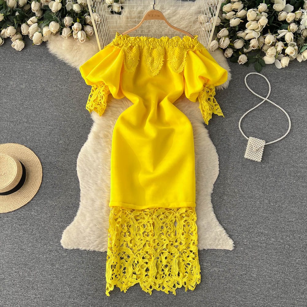 New Yellow Bodycon Boat Neck Strapless Lace Lantern Sleeve Midi Elegant Casual Dresses Women Evening