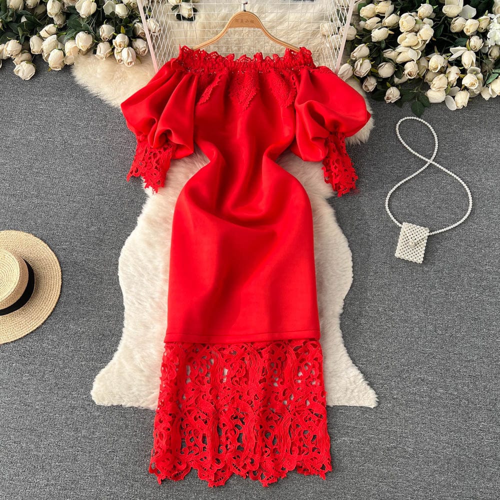 New Yellow Bodycon Boat Neck Strapless Lace Lantern Sleeve Midi Elegant Casual Dresses Women Evening