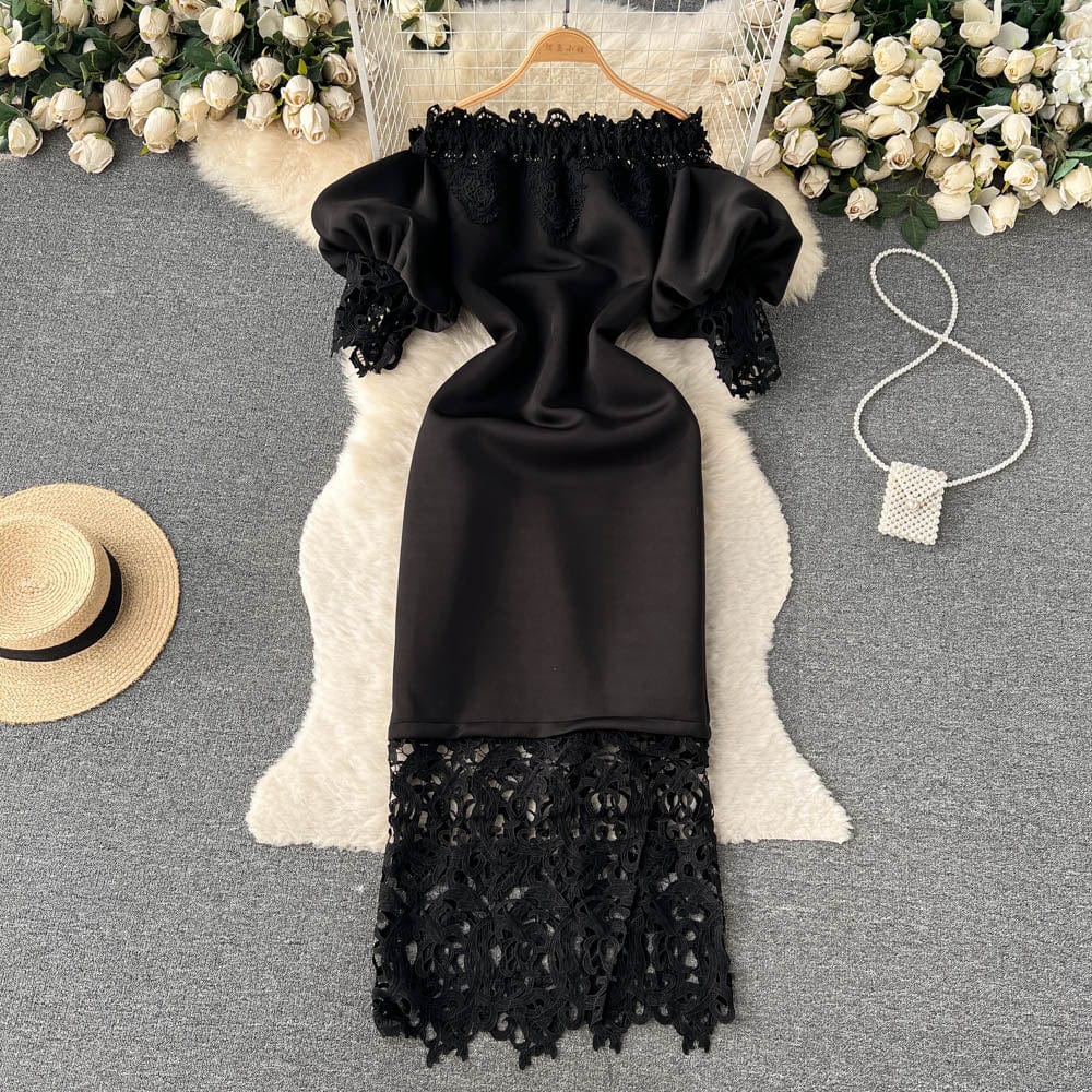 New Yellow Bodycon Boat Neck Strapless Lace Lantern Sleeve Midi Elegant Casual Dresses Women Evening