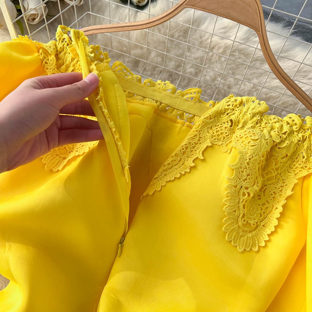 New Yellow Bodycon Boat Neck Strapless Lace Lantern Sleeve Midi Elegant Casual Dresses Women Evening