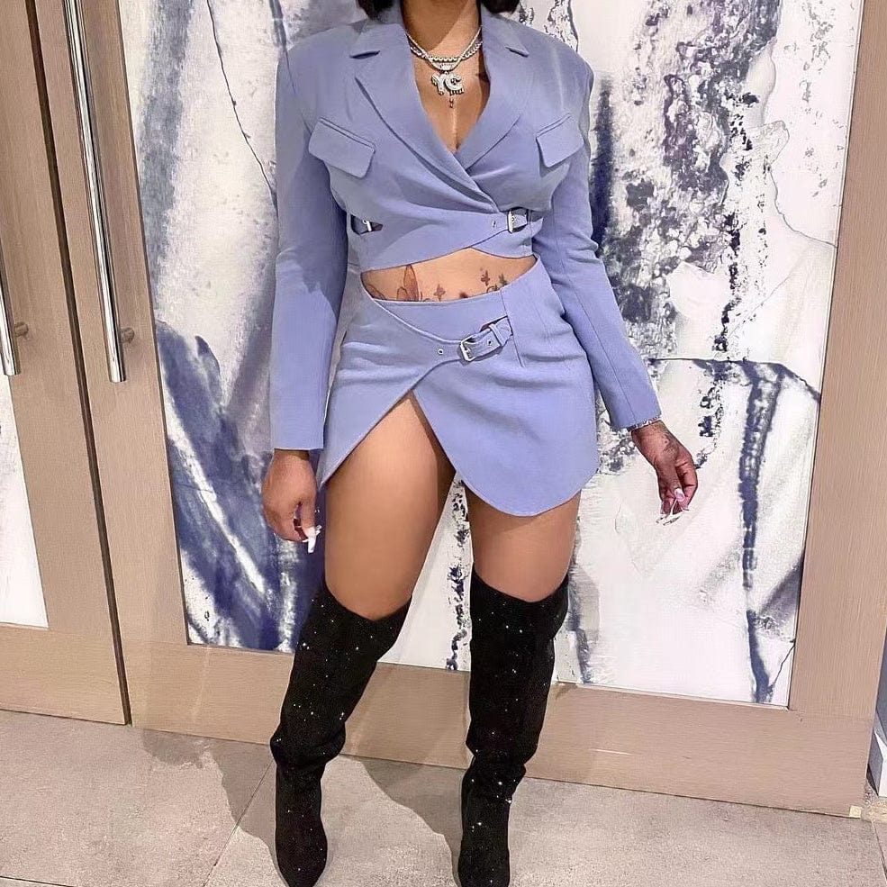 Newest high quality irregular mini skirt sets women 2 piece outfits fall fashion sexy cropped blazer skirt set