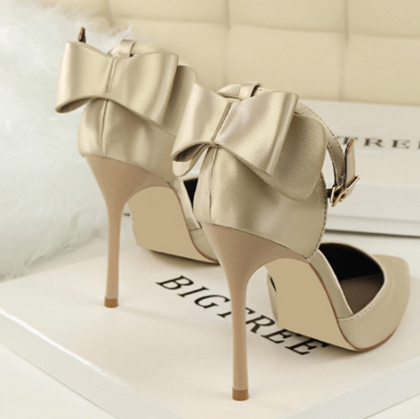 Newest Office Women Heel Shoes Satin Bow 10 CM Pointed Stilettos Trendy Designer Buckle Strap Women's Pumps