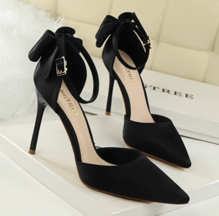 Newest Office Women Heel Shoes Satin Bow 10 CM Pointed Stilettos Trendy Designer Buckle Strap Women's Pumps