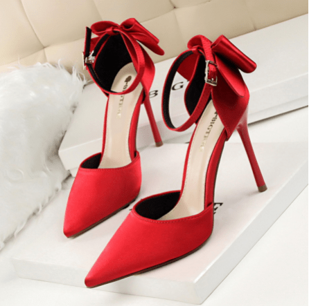 Newest Office Women Heel Shoes Satin Bow 10 CM Pointed Stilettos Trendy Designer Buckle Strap Women's Pumps