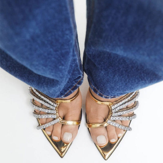 Newshow socialite style 2024 New Golden rhinestone pointed high heel sandals slippers 35-42 size