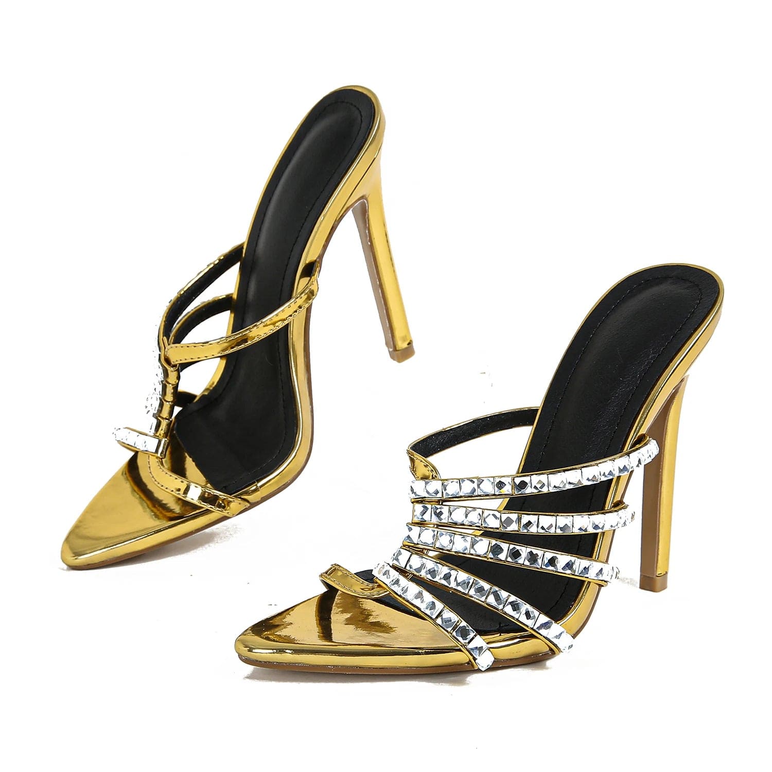 Newshow socialite style 2024 New Golden rhinestone pointed high heel sandals slippers 35-42 size