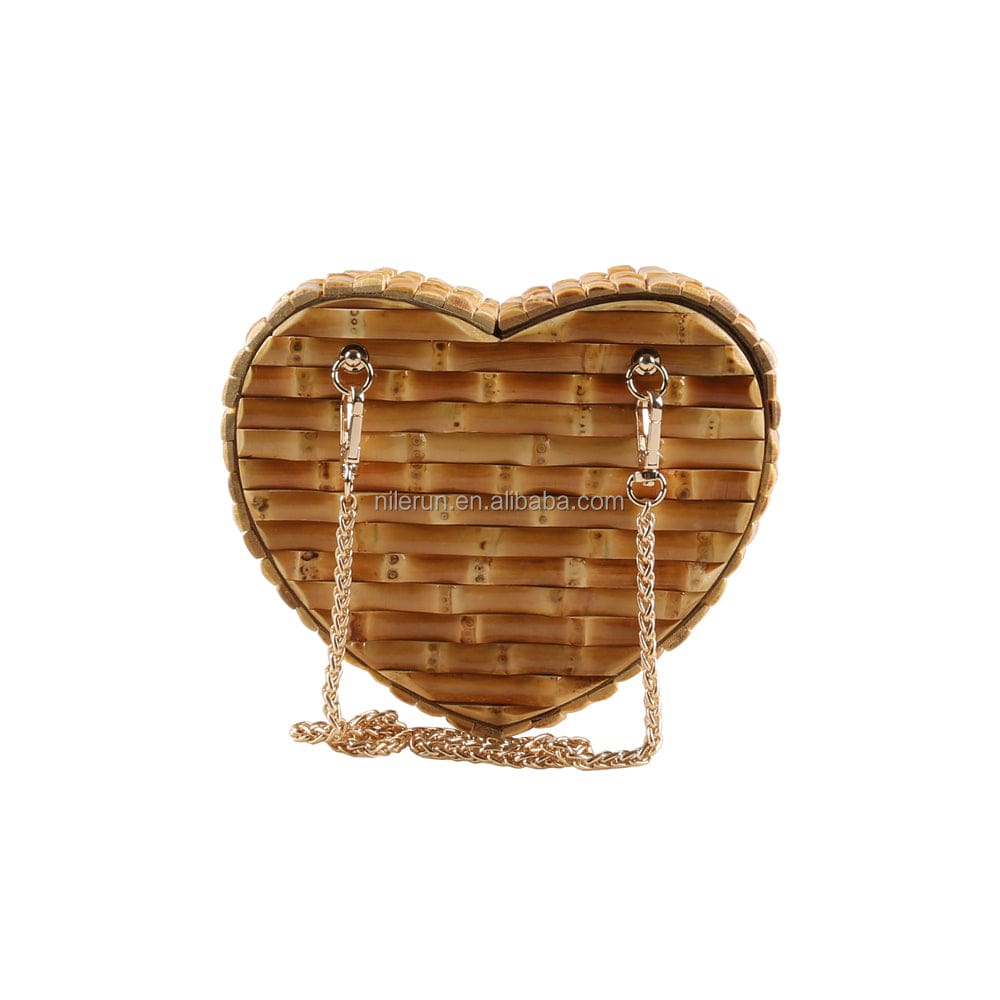 Nilerun Wood Rattan Straw Latest New Fashion Unique Handmade Cute Heart Shape Natural Bamboo Root Shoulder Bag Purse Handbag