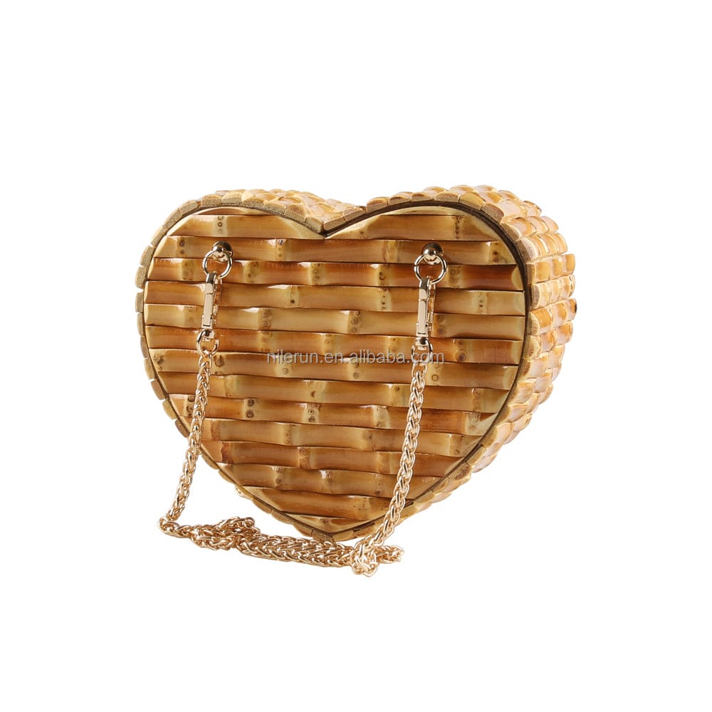 Nilerun Wood Rattan Straw Latest New Fashion Unique Handmade Cute Heart Shape Natural Bamboo Root Shoulder Bag Purse Handbag