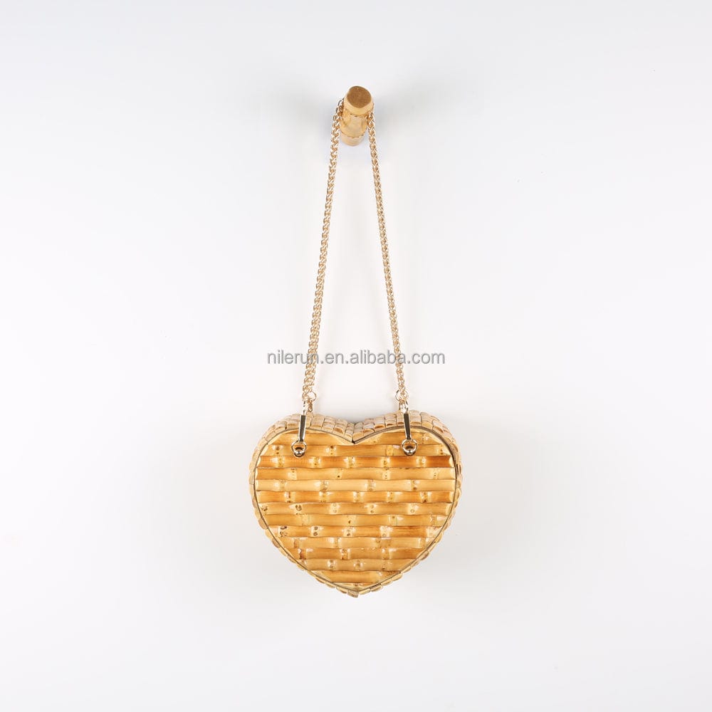 Nilerun Wood Rattan Straw Latest New Fashion Unique Handmade Cute Heart Shape Natural Bamboo Root Shoulder Bag Purse Handbag